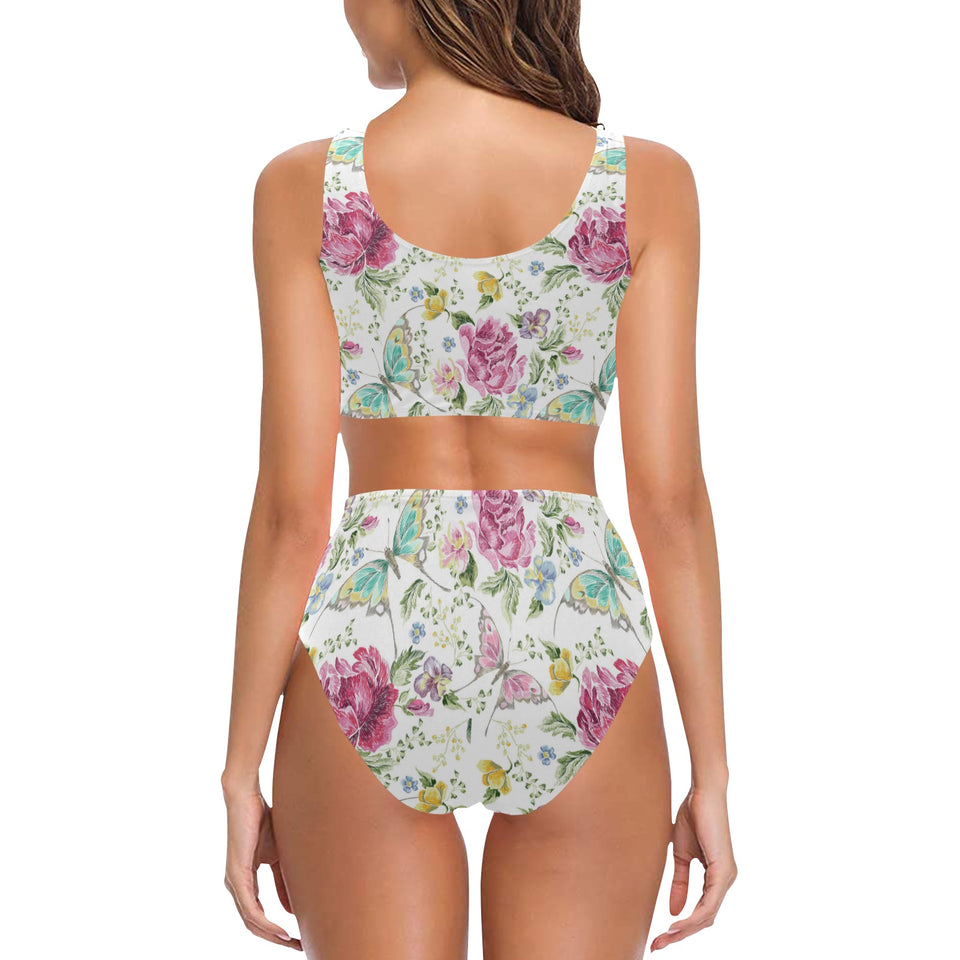 Hand drawn butterfly rose Chest Bowknot High Waisted Bikini Swimsuit
