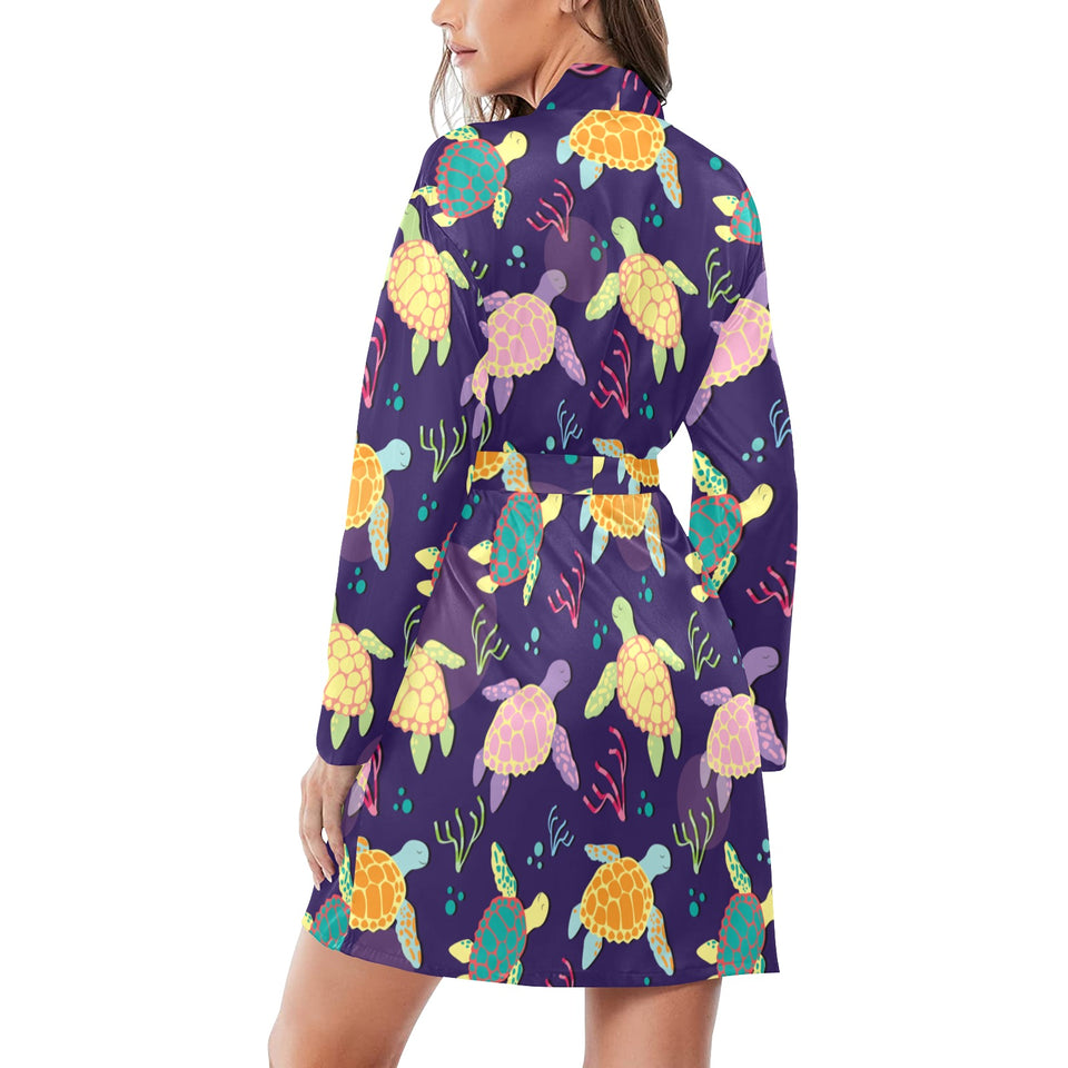 Colorful sea turtle pattern Women's Long Sleeve Belted Night Robe