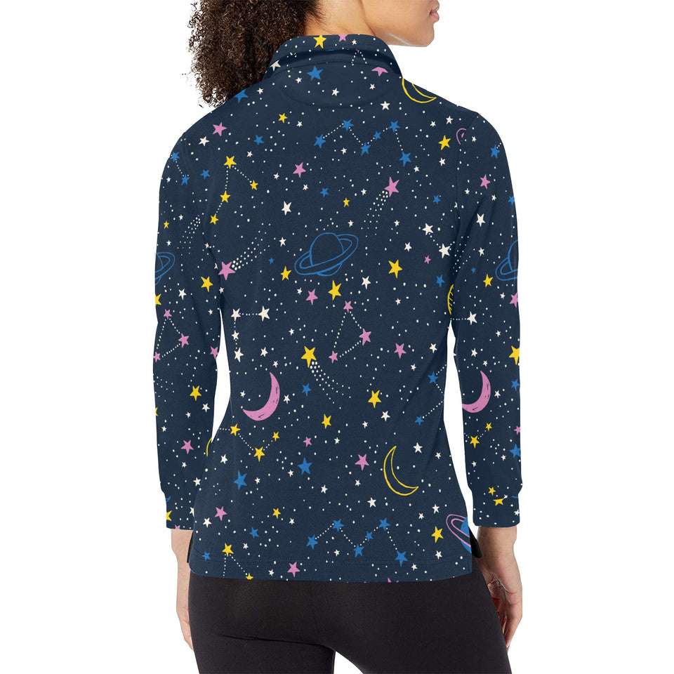 space pattern with planets, comets, constellations Women's Long Sleeve Polo Shirt