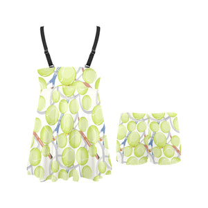 Tennis Pattern Print Design 01 Chest Sexy Pleated Two Piece Swim Dress