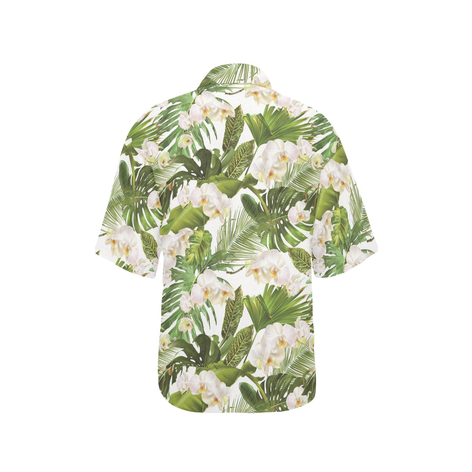 White orchid flower tropical leaves pattern Women's All Over Print Hawaiian Shirt