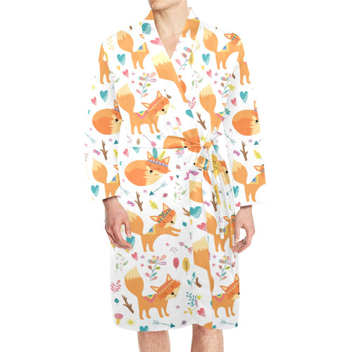 cute tribal fox pattern Men's Long Sleeve Belted Night Robe