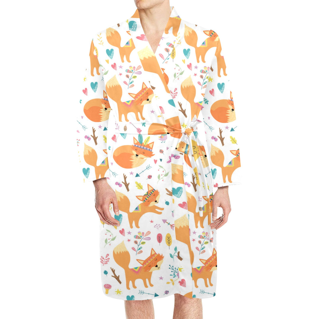 cute tribal fox pattern Men's Long Sleeve Belted Night Robe