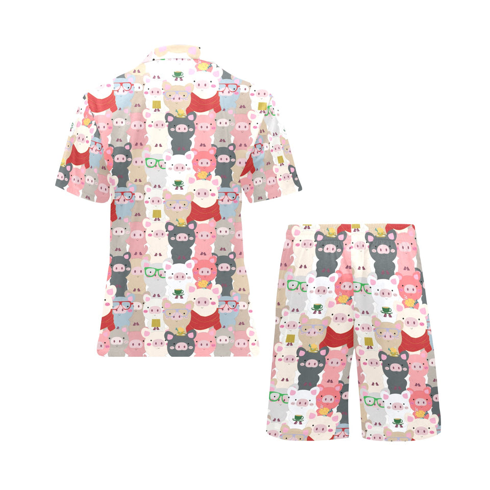 Pig Pattern Print Design 02 Men's V-Neck Short Pajama Set