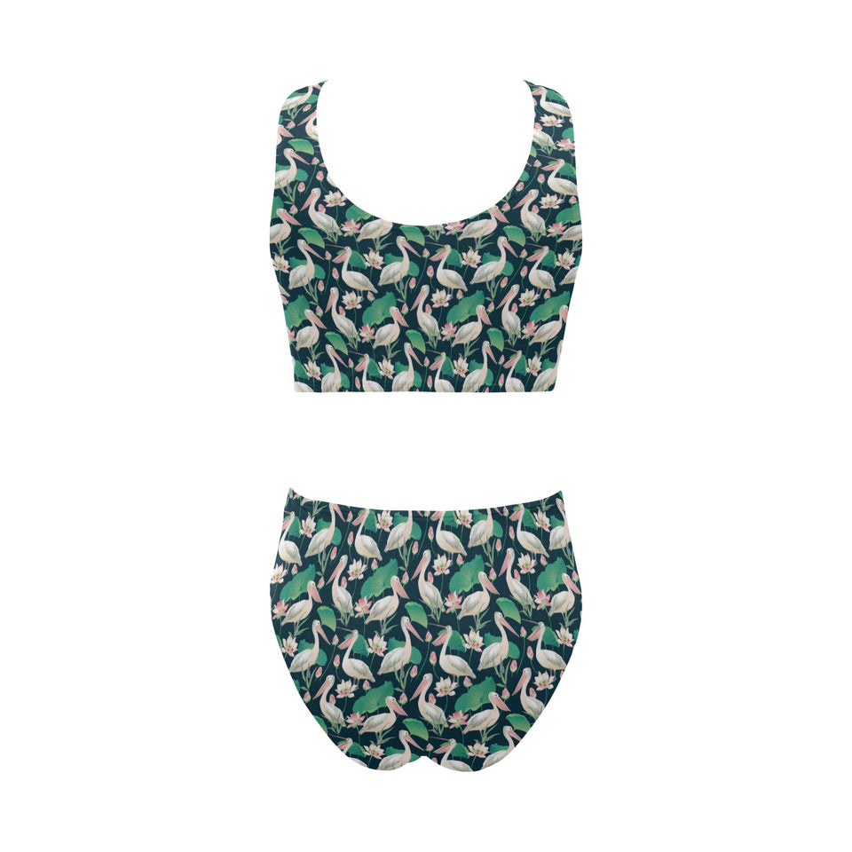 Pelican Pattern Print Design 03 Chest Bowknot High Waisted Bikini Swimsuit