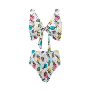 Dragonflies ginkgo leaves pattern Chest Bowknot High Waisted Bikini Swimsuit