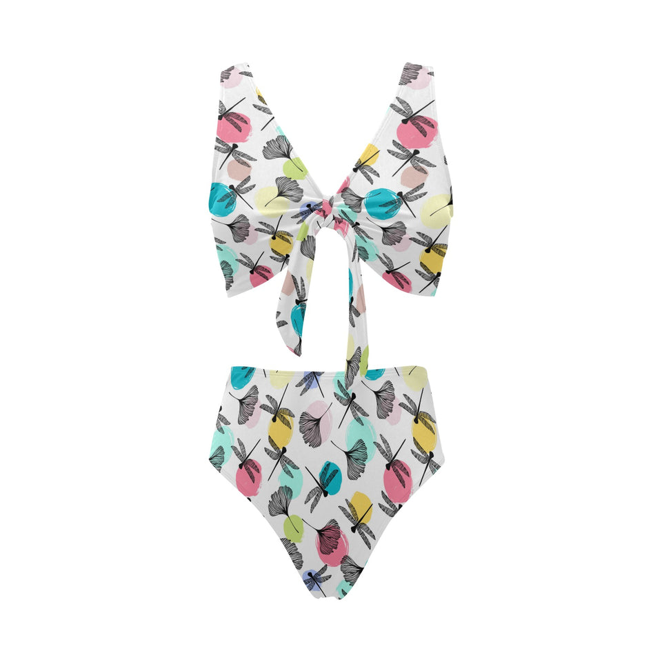 Dragonflies ginkgo leaves pattern Chest Bowknot High Waisted Bikini Swimsuit