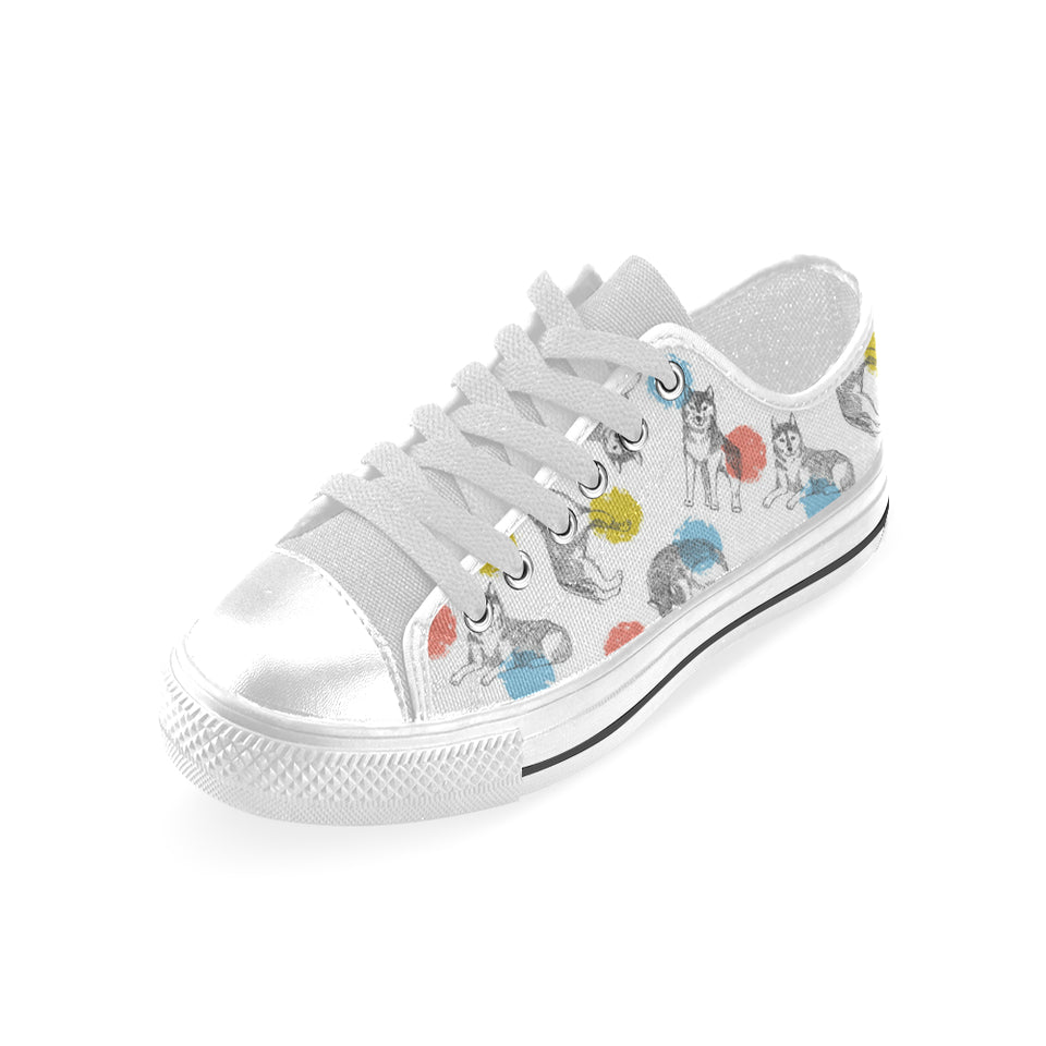 Siberian husky and colorful circle pattern Men's Low Top Shoes White