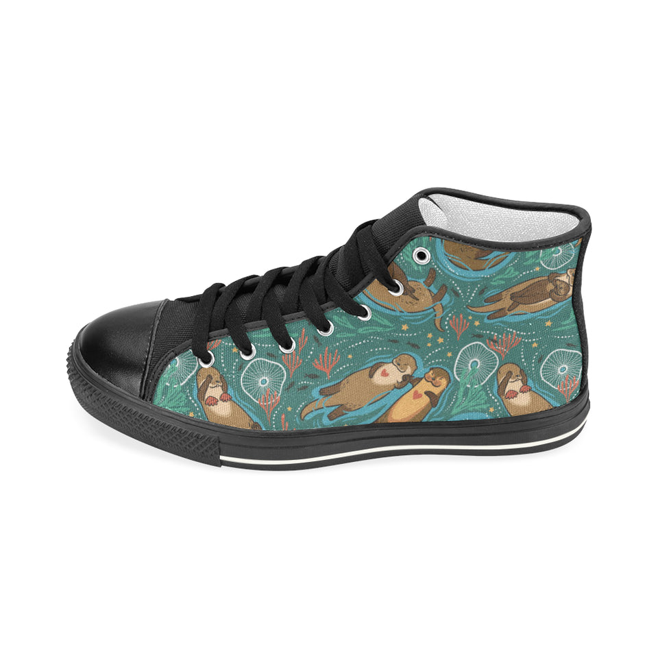 cute brown sea otters ornamental seaweed corals gr Women's High Top Canvas Shoes Black
