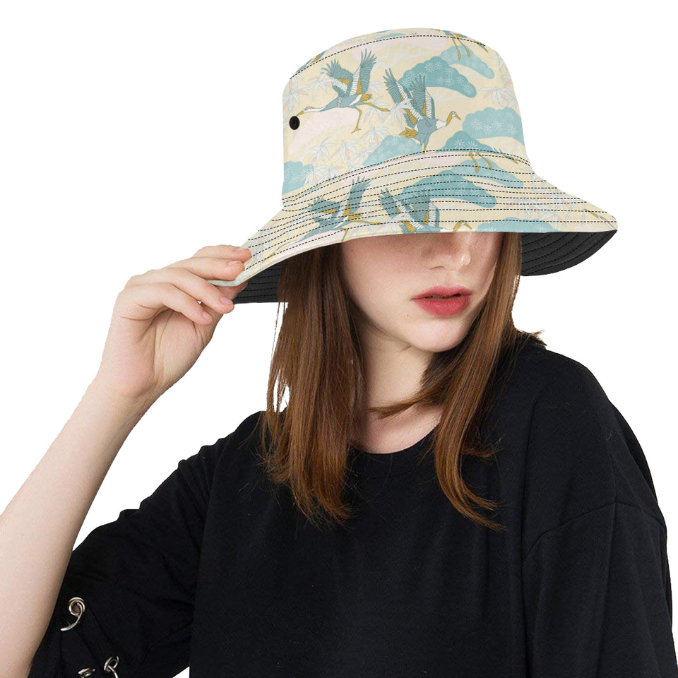 Bonsai bamboo stork japanese pattern cream theme Unisex Bucket Hat