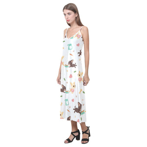 Cute Chihuahua puppie pattern V-Neck Open Fork Long Dress