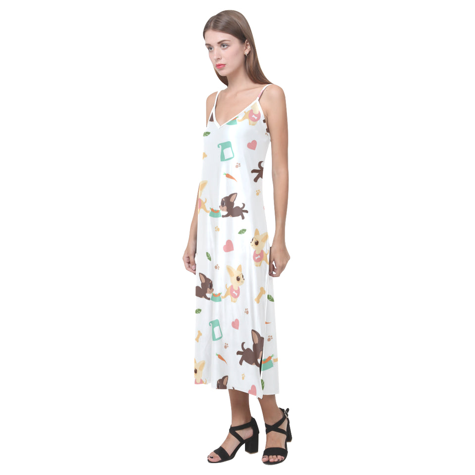 Cute Chihuahua puppie pattern V-Neck Open Fork Long Dress