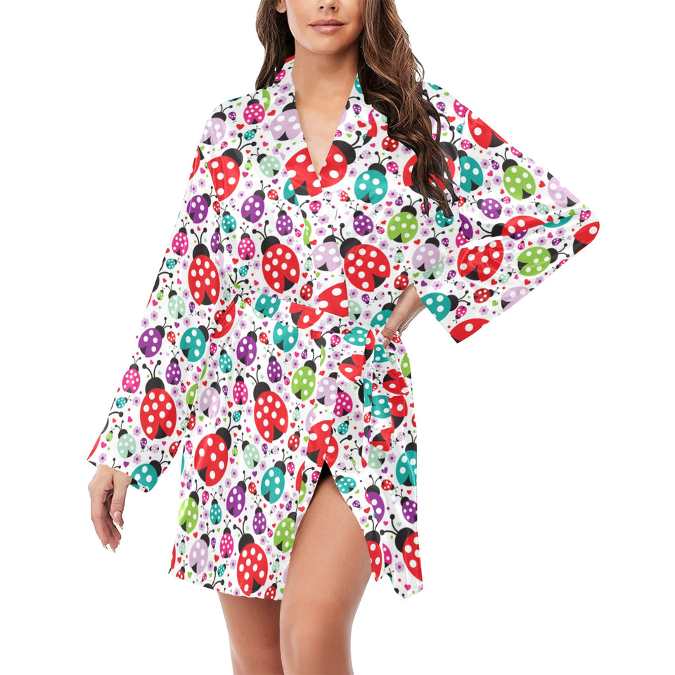 Ladybug Pattern Print Design 03 Women's Long Sleeve Belted Night Robe