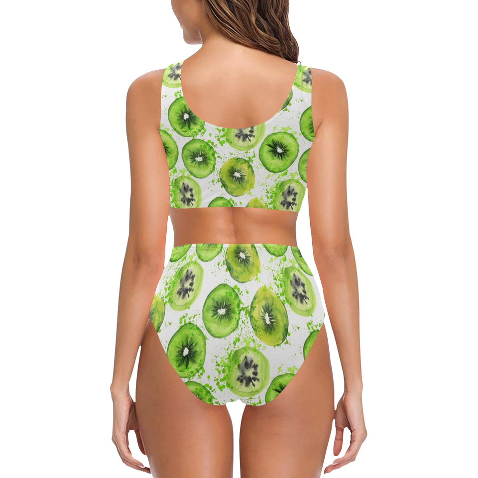 Watercolor kiwi pattern Chest Bowknot High Waisted Bikini Swimsuit