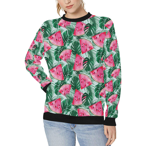 Watermelons tropical palm leaves pattern Women's Crew Neck Sweatshirt