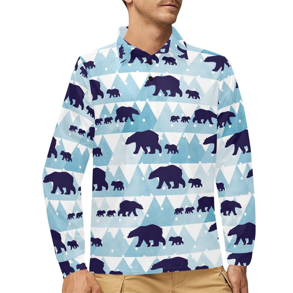 polar bear winter snow pattern Men's Long Sleeve Polo Shirt