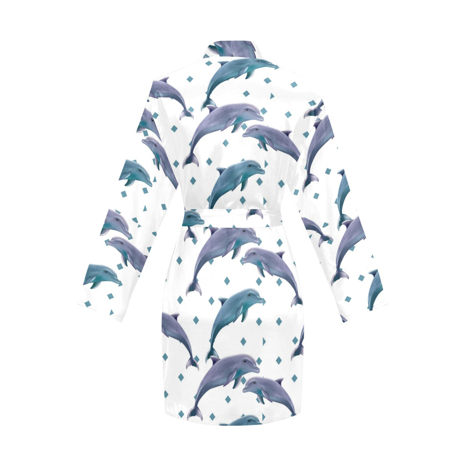 Dolphins pattern dotted background Women's Long Sleeve Belted Night Robe