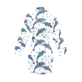 Dolphins pattern dotted background Women's Long Sleeve Belted Night Robe