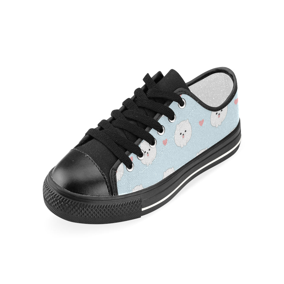 White cute pomeranian pattern Women's Low Top Canvas Shoes Black