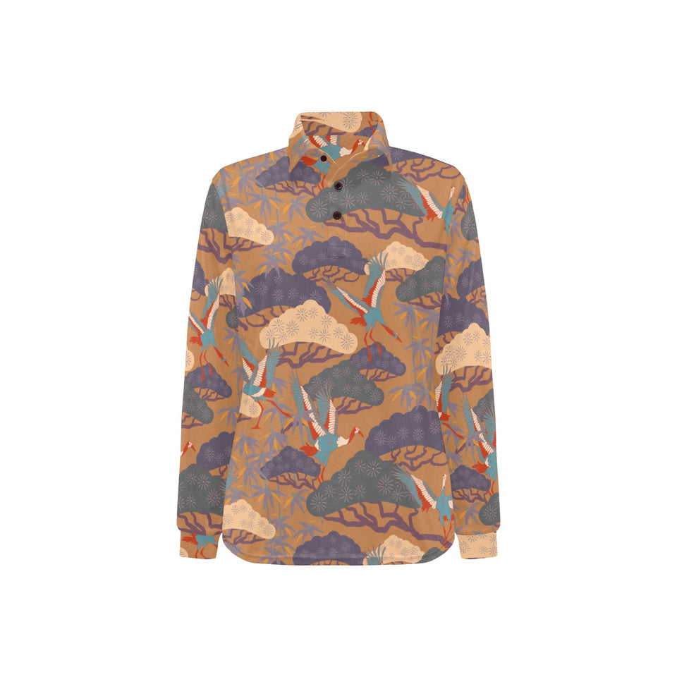 Bonsai bamboo stork japanese pattern brown theme Women's Long Sleeve Polo Shirt