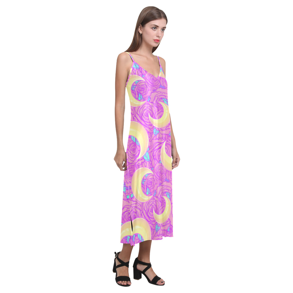 Moon pink rose background V-Neck Open Fork Long Dress