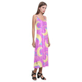 Moon pink rose background V-Neck Open Fork Long Dress