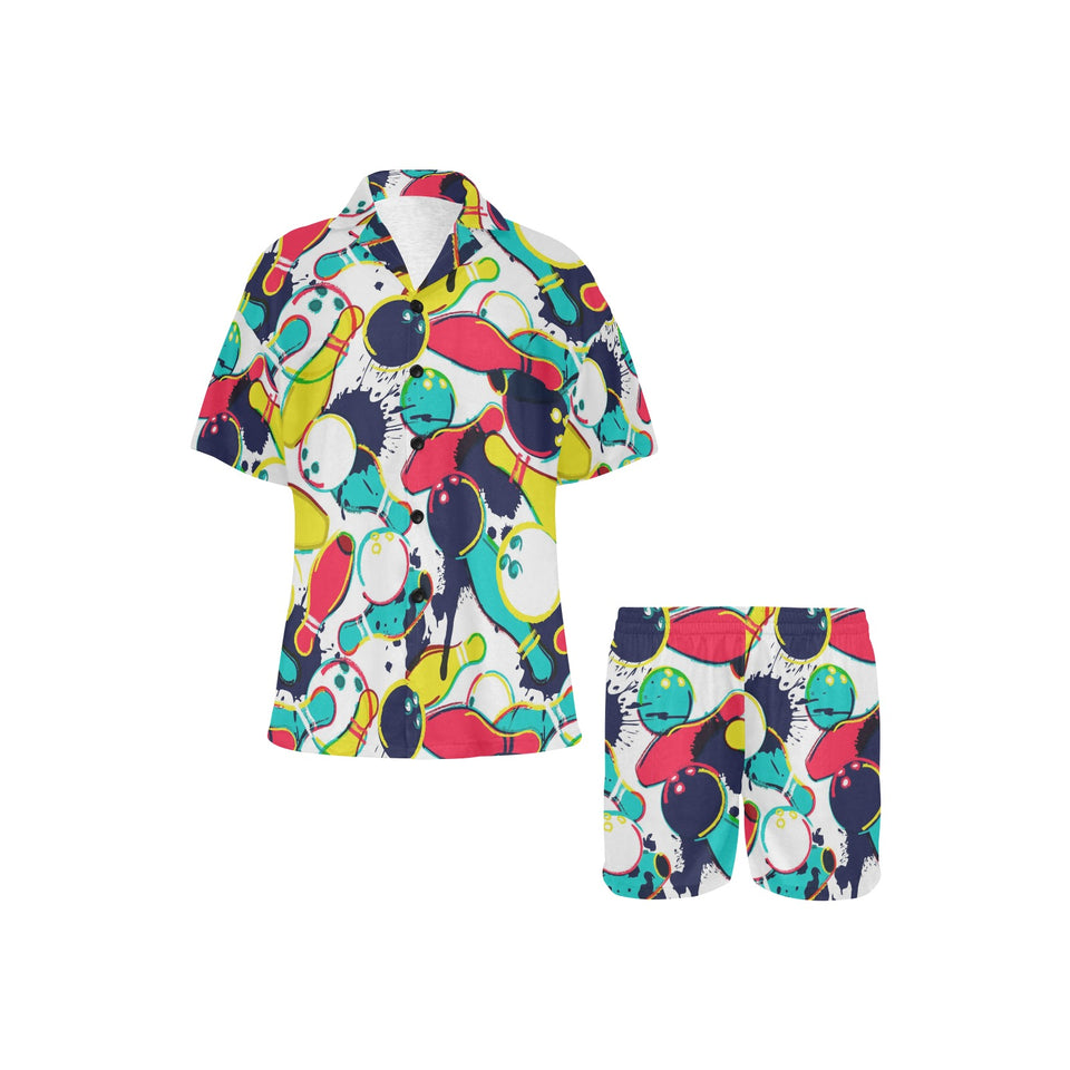 watercolor bowling ball pins Women's V-Neck Short Pajama Set