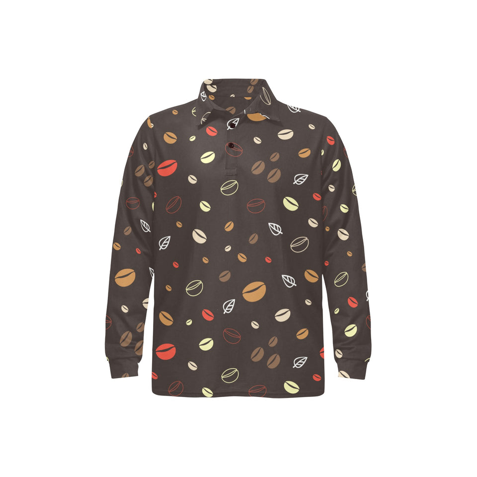 Coffee bean leave pattern Men's Long Sleeve Polo Shirt