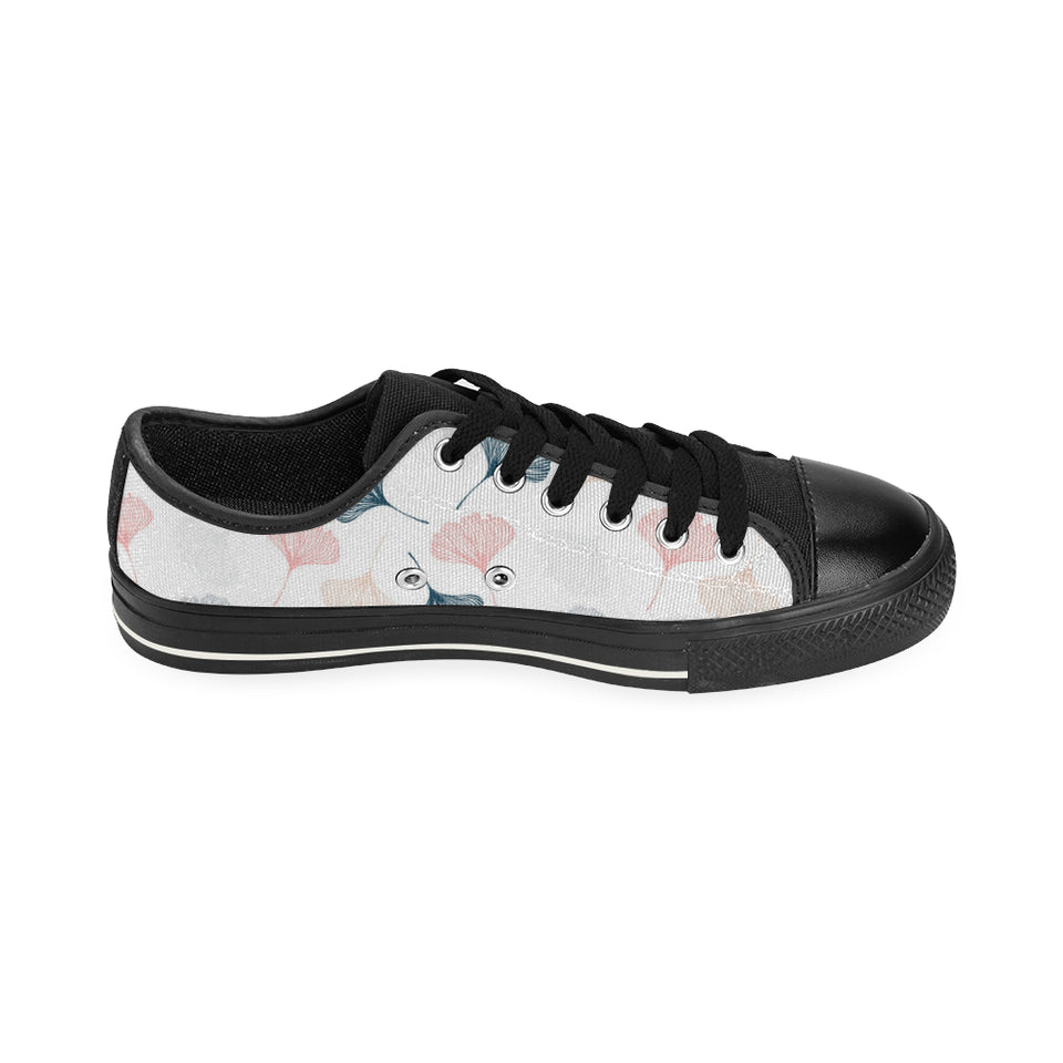 Black Gray Cream coral ginkgo leaves pattern Men's Low Top Canvas Shoes Black