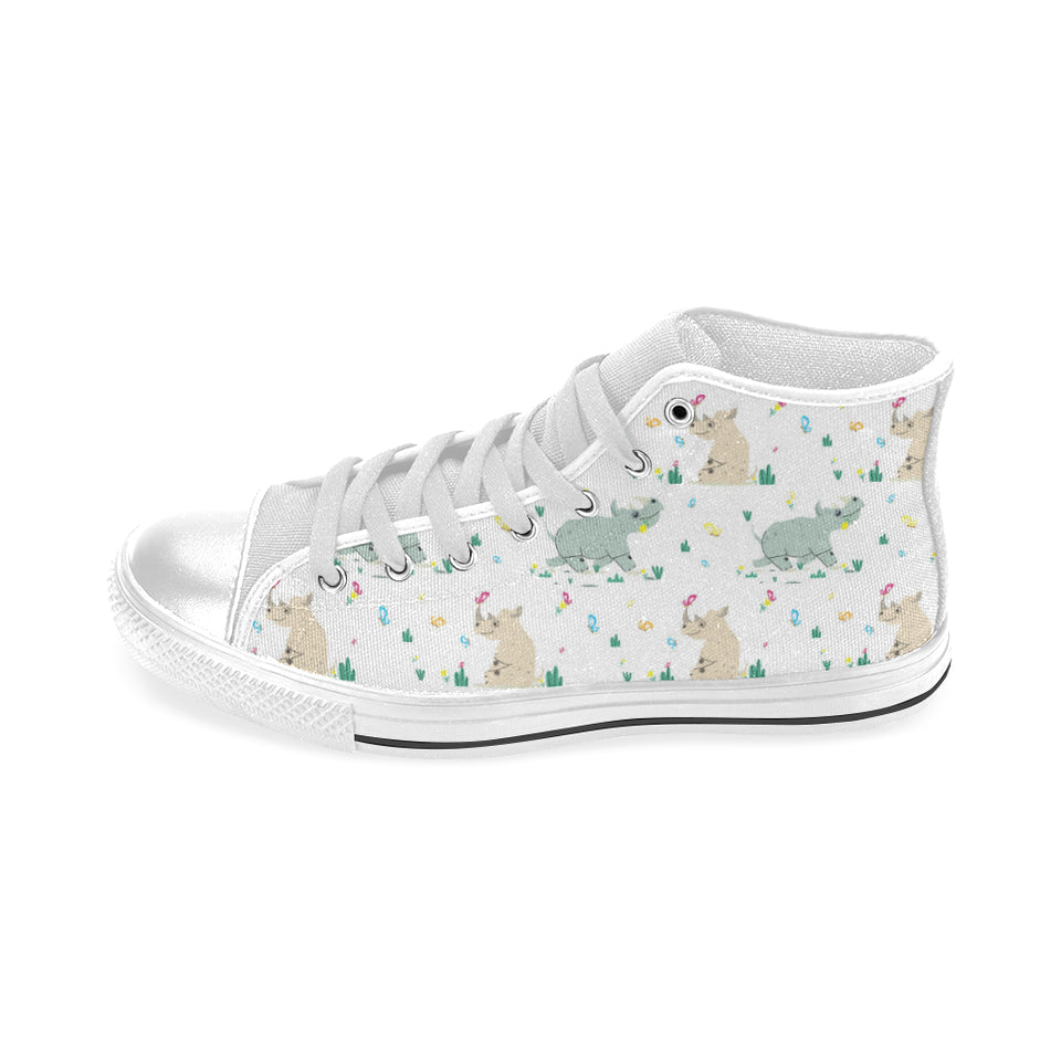 Cute Rhino pattern Men's High Top Canvas Shoes White