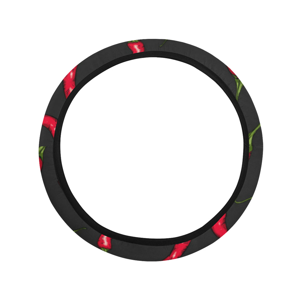 Chili peppers pattern black background Car Steering Wheel Cover