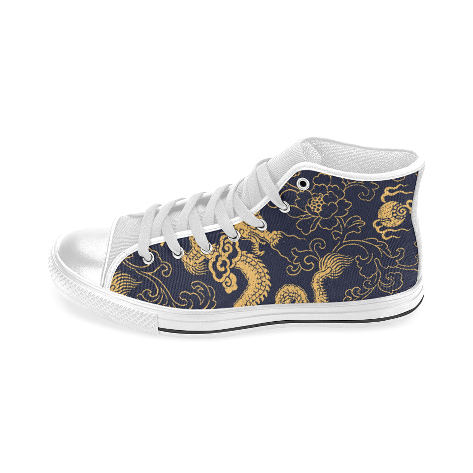 Gold dragon pattern Men's High Top Canvas Shoes White