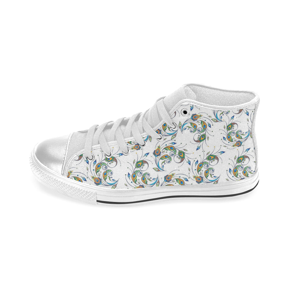 Peacock feather pattern Women's High Top Canvas Shoes White