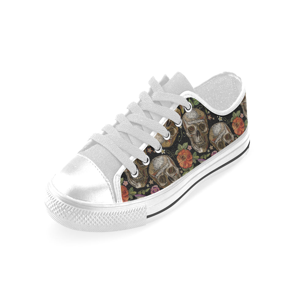Skull rose humming bird flower pattern Men's Low Top Shoes White