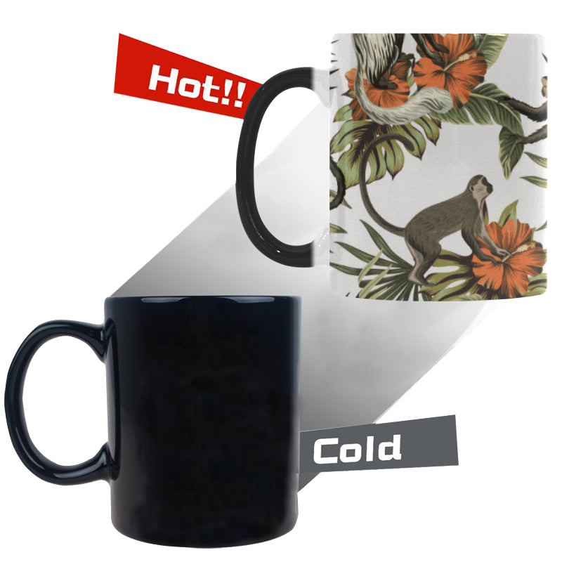 Monkey red hibiscus flower palm leaves floral patt Morphing Mug Heat Changing Mug