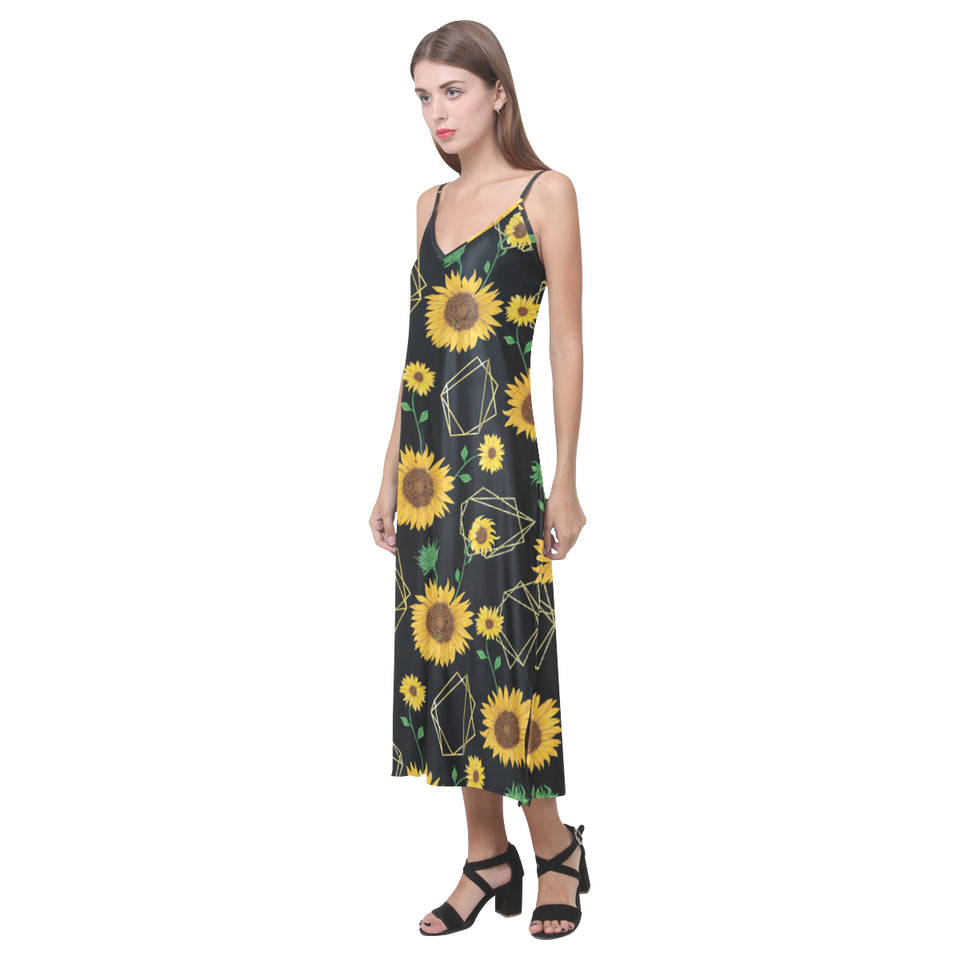 sunflower golden polygonal shapes V-Neck Open Fork Long Dress