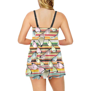 Sun Glasses Pattern Print Design 02 Chest Sexy Pleated Two Piece Swim Dress