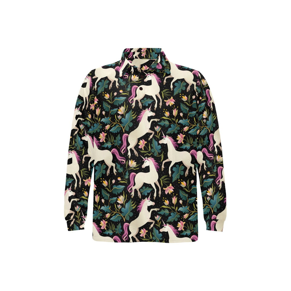 Unicorns forest background Men's Long Sleeve Polo Shirt