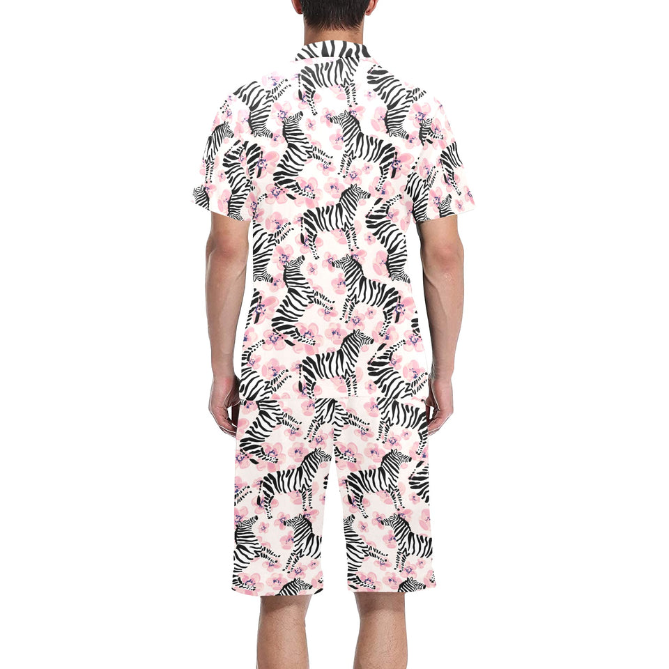 Zebra pink flower background Men's V-Neck Short Pajama Set