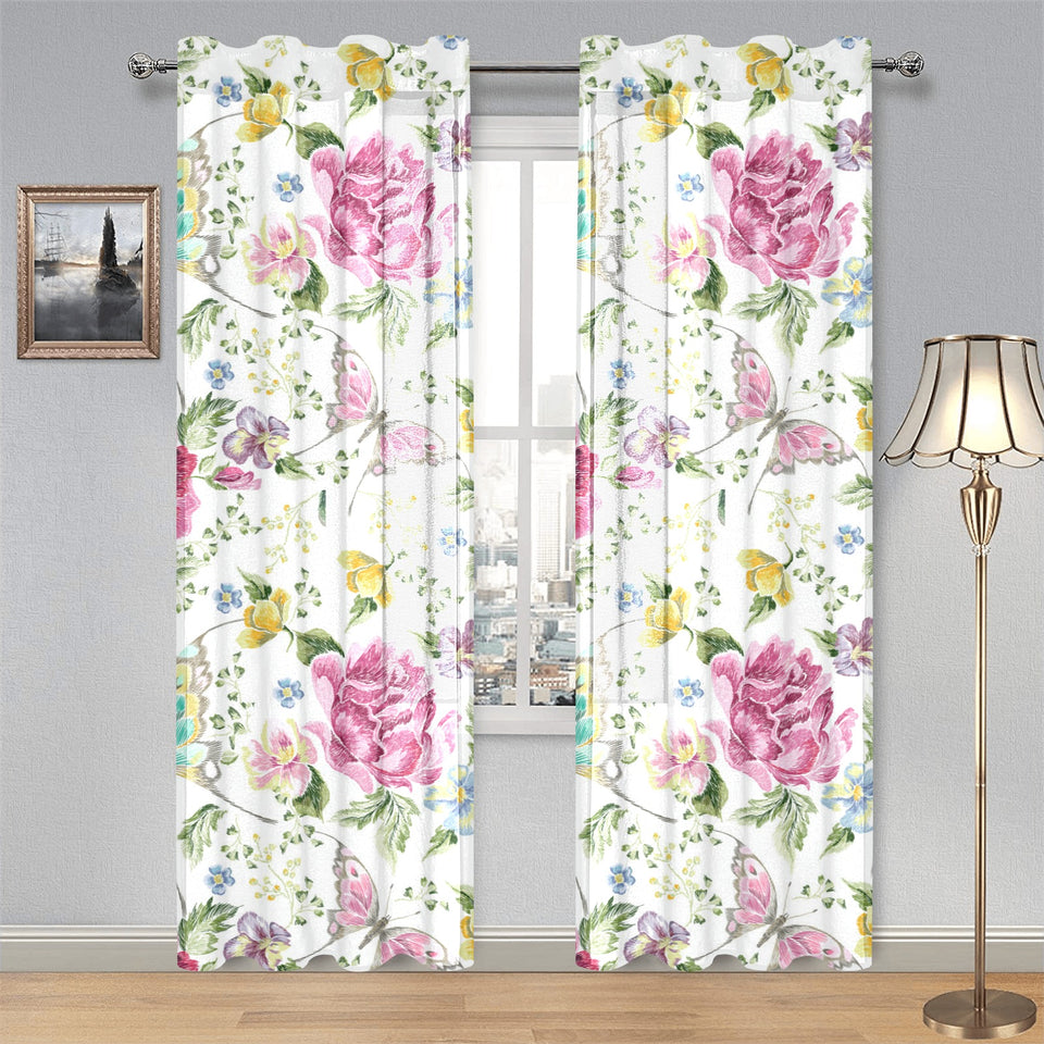 Hand drawn butterfly rose Gauze Curtain