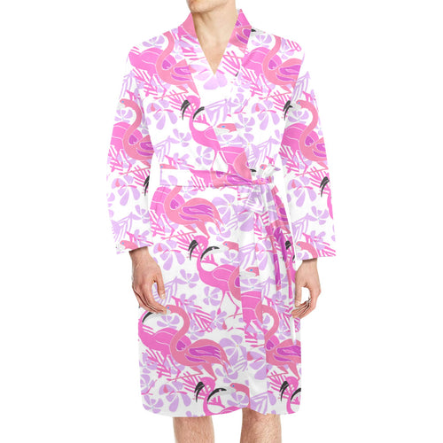 Pink flamingo flower pattern Men's Long Sleeve Belted Night Robe