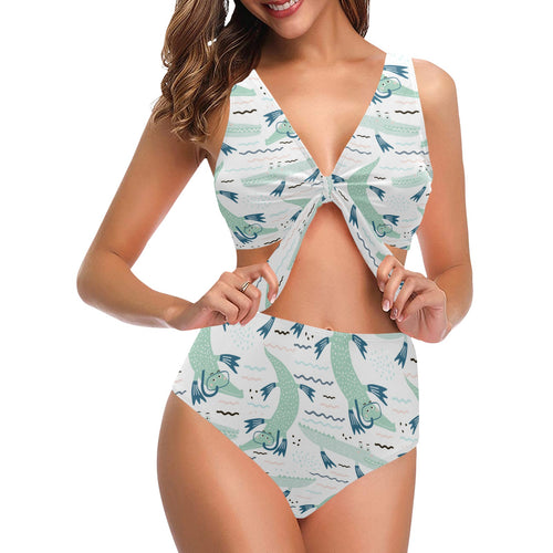 Crocodile diver pattern Chest Bowknot High Waisted Bikini Swimsuit