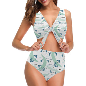 Crocodile diver pattern Chest Bowknot High Waisted Bikini Swimsuit
