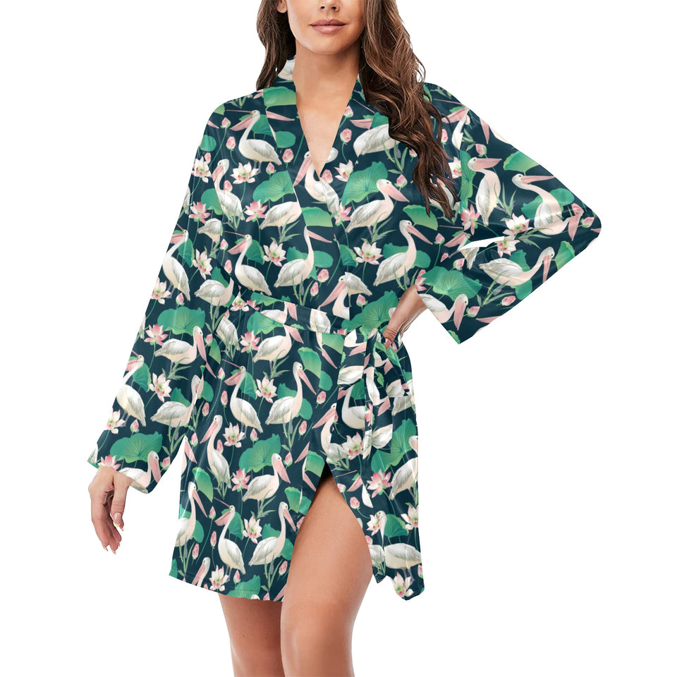 Pelican Pattern Print Design 03 Women's Long Sleeve Belted Night Robe