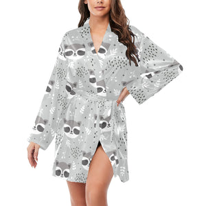 Cute raccoons leaves dot Women's Long Sleeve Belted Night Robe