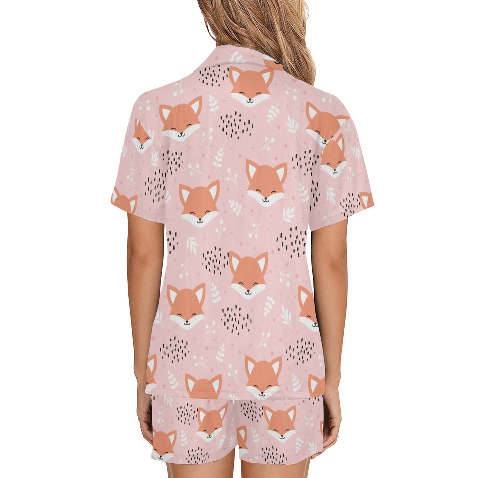Cute fox pattern pink background Women's V-Neck Short Pajama Set