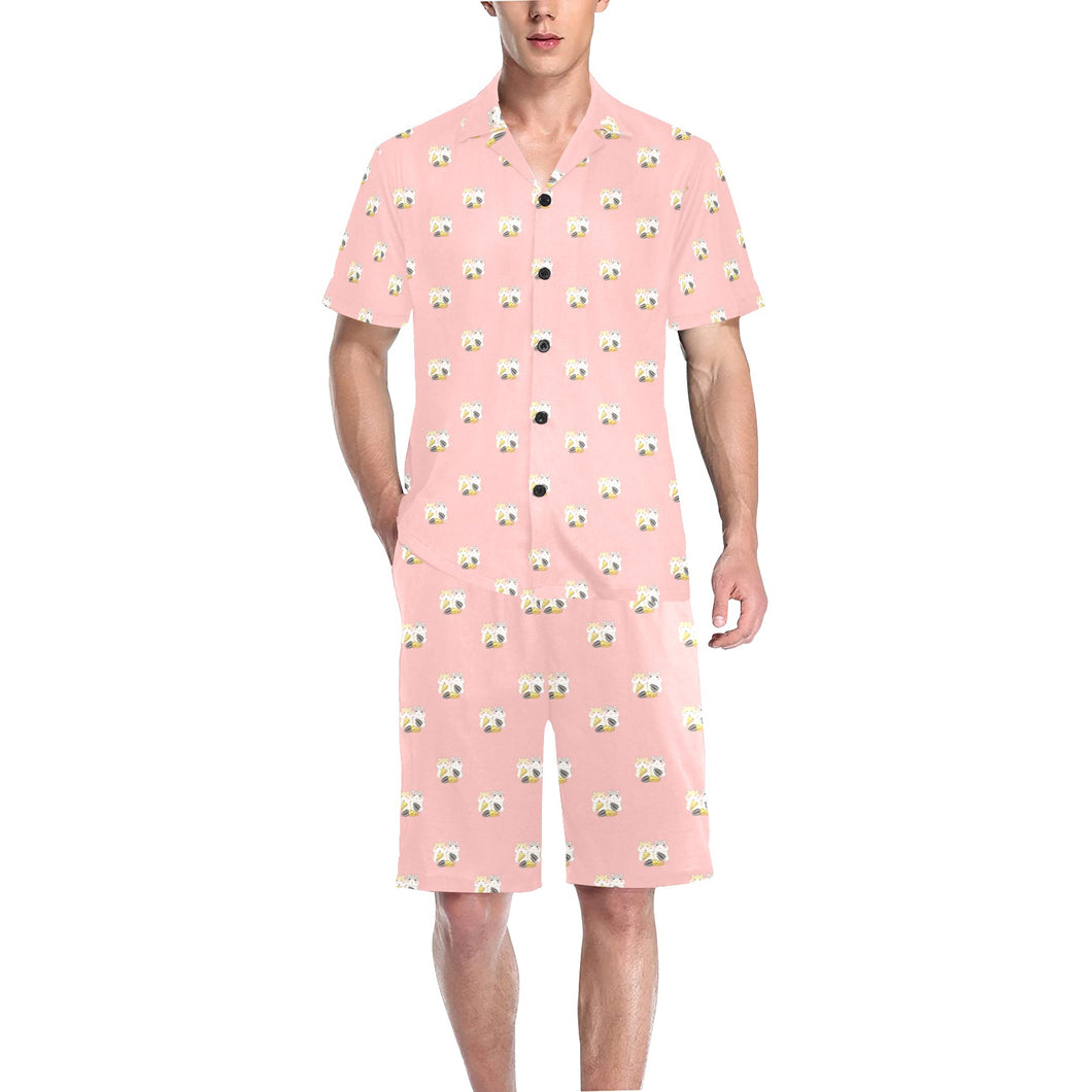 Cute hamster cheese pattern pink background Men's V-Neck Short Pajama Set