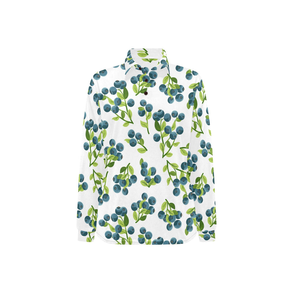 blueberry white background Women's Long Sleeve Polo Shirt