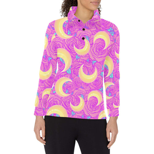 Moon pink rose background Women's Long Sleeve Polo Shirt