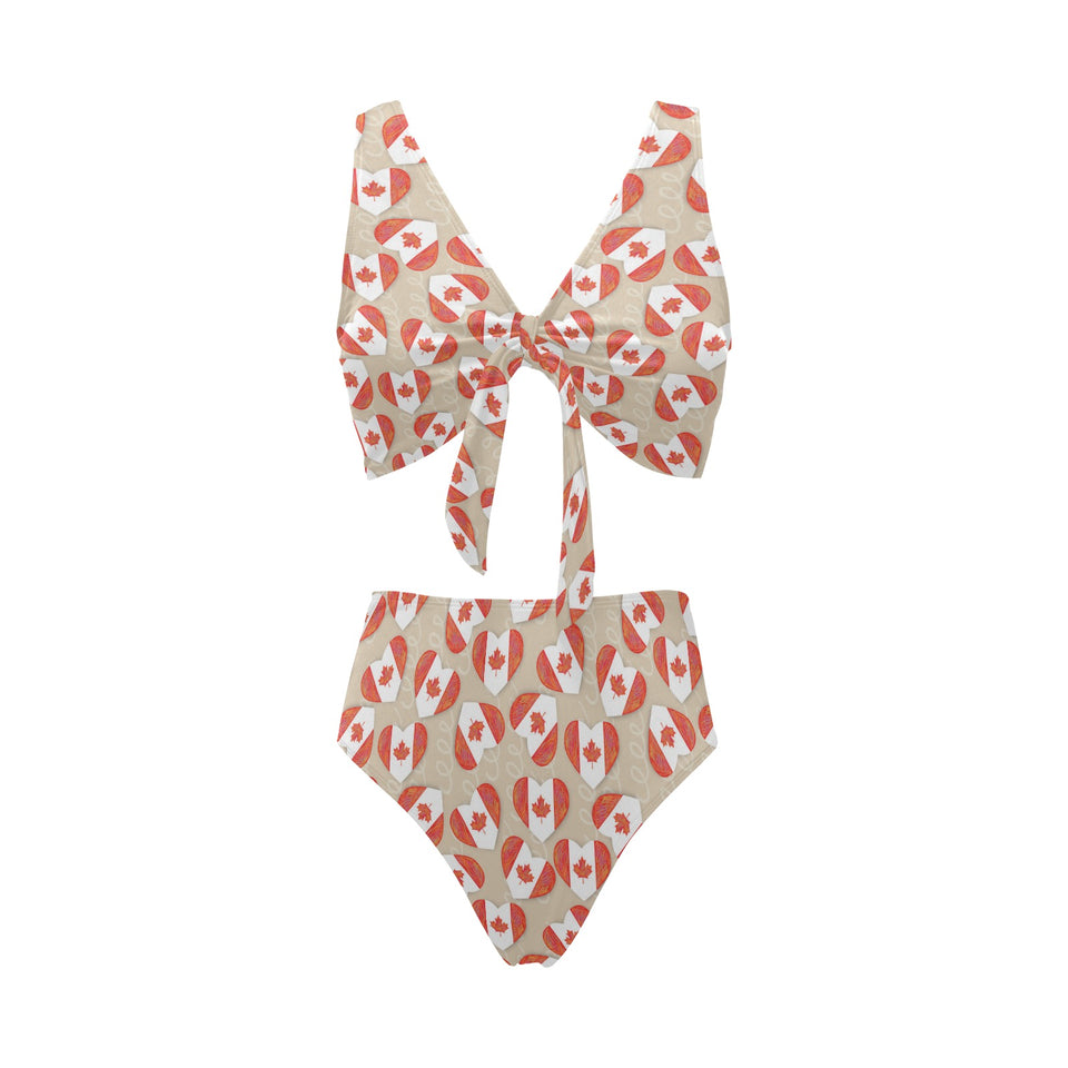 Canada Pattern Print Design 01 Chest Bowknot High Waisted Bikini Swimsuit